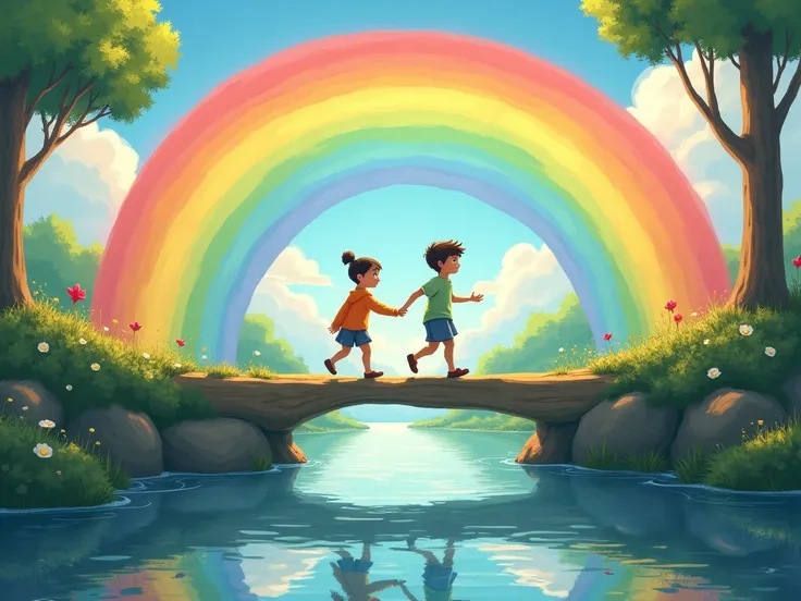  fairy tale、Illustration、( A beautiful rainbow bridge gracefully spanning a serene landscape、ren happily crossing a bridge made of rainbows:1.5)、 Their smiles reflected in the quiet river below 、 Warm and colorful atmosphere after the rain 、8k、 super detai...