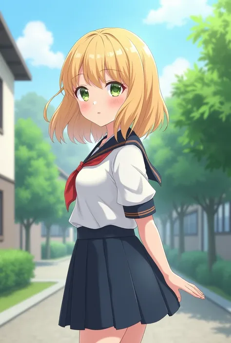 tender girl,  anime style, Gorda, blonde,  white skin ,  green eyes,  small breasts , japanese school uniform