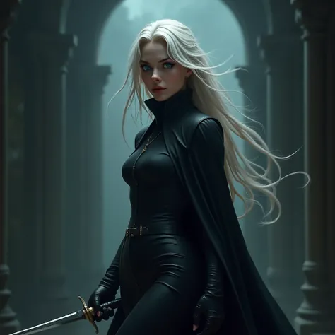 A murderer,1 girl, beautiful blue and detailed eyes, White hair,bronzed skin,Beautiful and detailed lips,extremely detailed face],long eyelashes,black suit,assassin suit,holding a sword,dramatic lighting,dark fantasy,gloomy atmosphere,cinematographic,Digit...