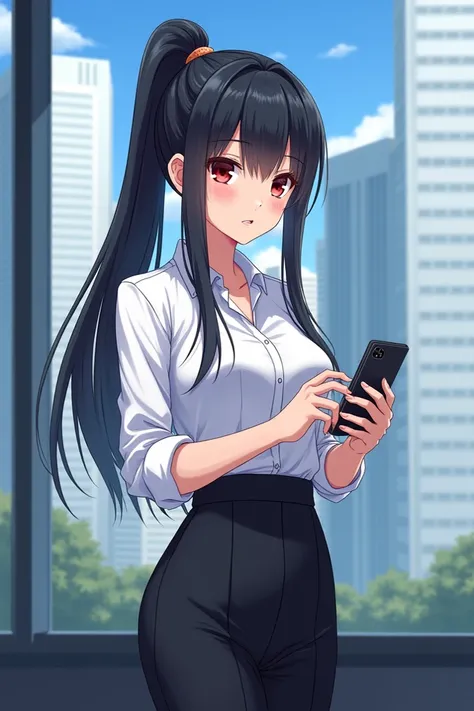 Photo OC 
(anime)
 Female gender
Normal :  black
Hairstyle :  ponytail
Eye color :  red
Height :  1m68
Figure :  hair color 
Apparel : office ( dominant color :  white - black )
Action :  is looking at the phone
Backgrounders: trong thành phố