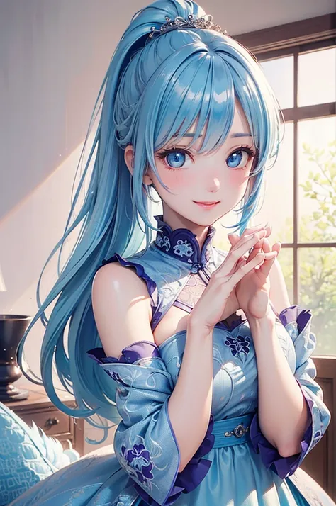 ( best quality, high definition ,8k,inelity detailed background, Masterpiece:1.2), pretty girl,( glossy light blue hair:1.3),(long hair:1.2) ,long hair, ponytail, Beautiful light blue eyes, purple china dress with intricate silver embroidery(Dragon pattern...