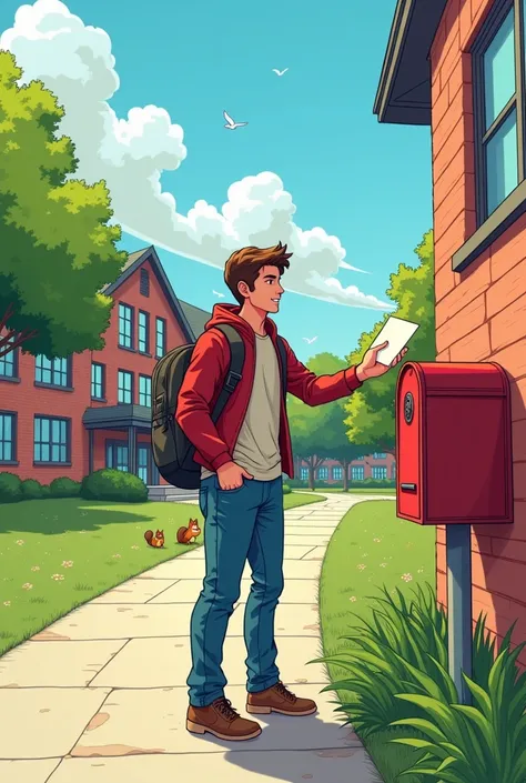 animated comic box showing in the distance a university student picking up a letter outside his mailbox building 