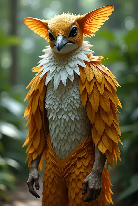  Make a man with very little spotted skin color tan white wearing a full-body costume over a hummingbird made of realistic scaled feathers and with a medium neck collar made of feathers. With lush colors and some feather shoulder pads .