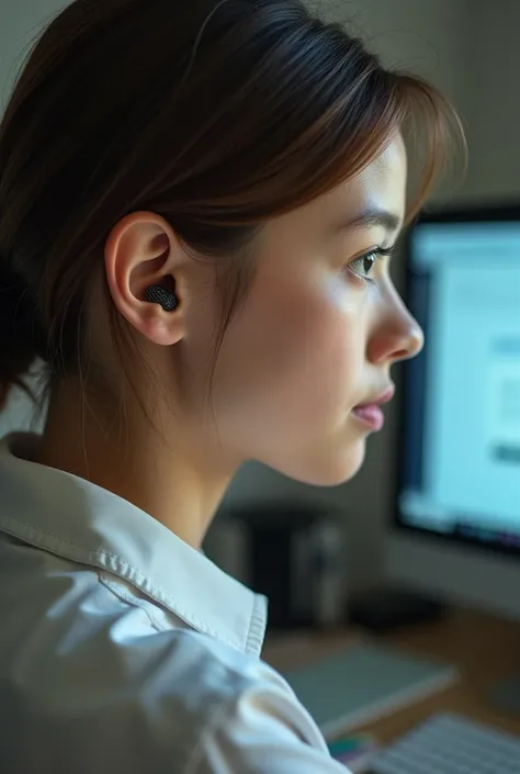 The girl who teaches at the computer
The entire focus on the ear with earwax is on the computer