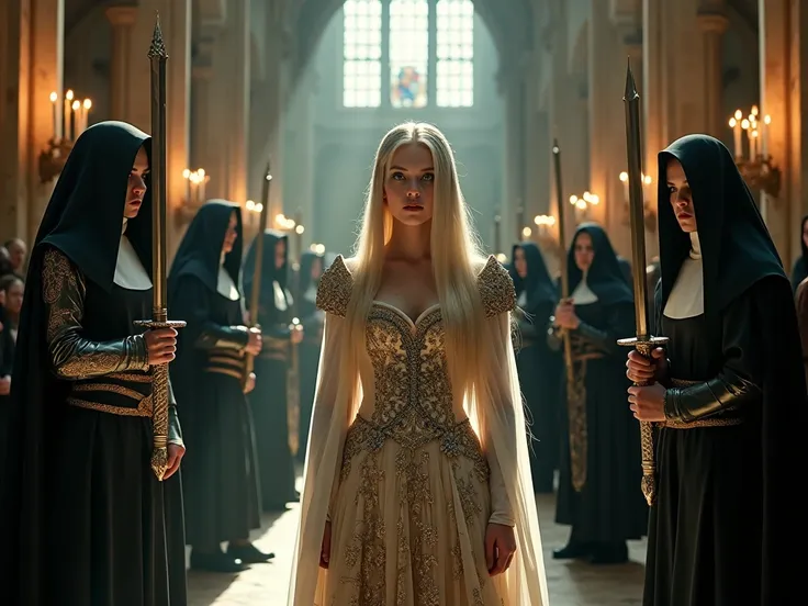 “A pale young woman with long, perfectly straight blonde hair stands at the center of a grand Gothic cathedral, wearing an opulent, richly ornamented noble dress with intricate embroidery and flowing fabrics. Her expression is serene yet haunting, her pale...