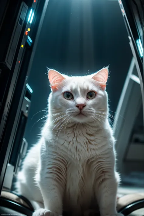 a close-up portrait of a white cat in a parallel universe, hyper detailed, cinematic, dramatic lighting, intricate sci-fi enviro...