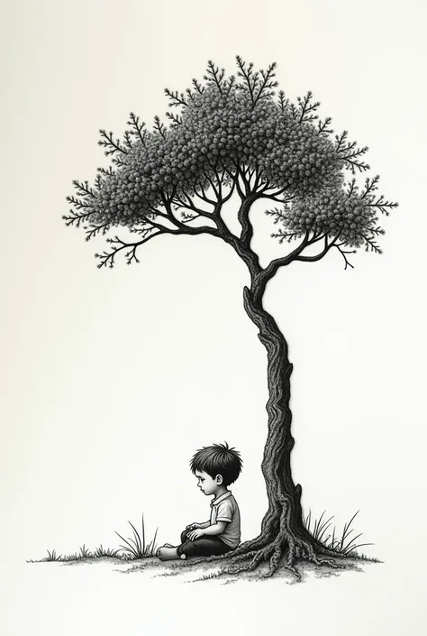 A boy is sitting quietly under a tree. Draw this picture in embroidery type.Embroidery is done on white paper with rope.Use black thread.The cord should be loosely woven