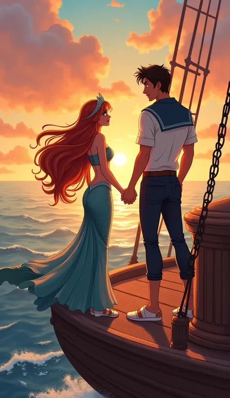 3. "A romantic and dreamy illustration of Princess Calypso, a gorgeous mermaid, and Leo, a charming sailor, holding hands and standing together on the bow of a ship, with the sunset ocean waves in the background."
