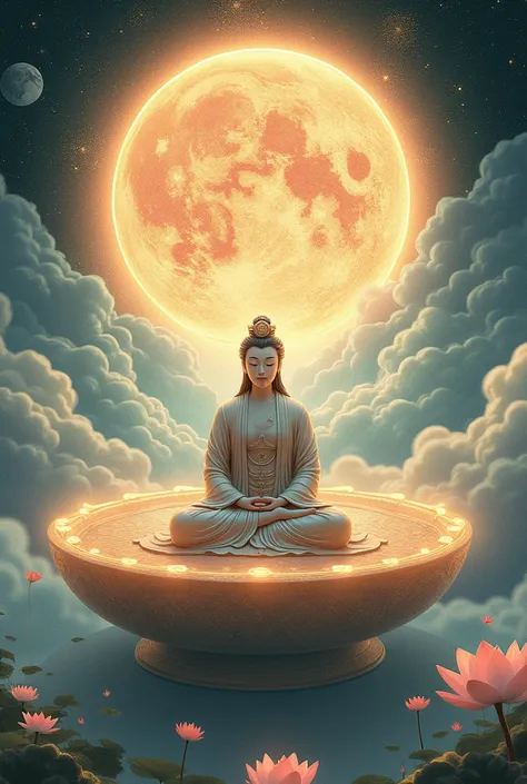 A Buddha of Guanyin ， sits on a plate in a meditative position ,  surrounded by a gorgeous circular halo with a dragon pattern,  with clouds and a cosmic planet in the background , lotus,  additional natural elements , 
