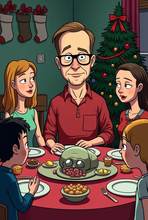 Jeffrey Dahmer with his lenses in a cartoon,  at Christmas with friends at Christmas and a dead person at the table 