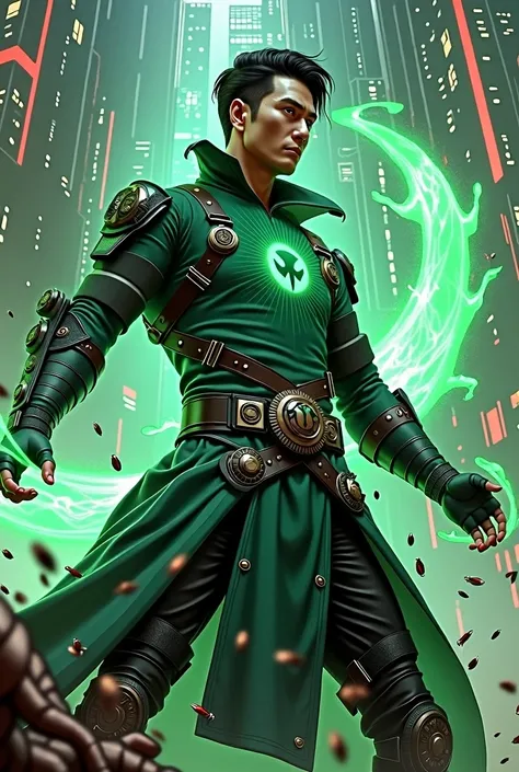 A graphic novel drawing in DC comic style of DC Comics "Dragonmage" Xao Jin: A tall handsome Chinese male wearing dark emerald cyberpunk influenced modern gufeng robe with a pale green dragon emblazoned upon it; high collar, straps, buckles, a tactical des...