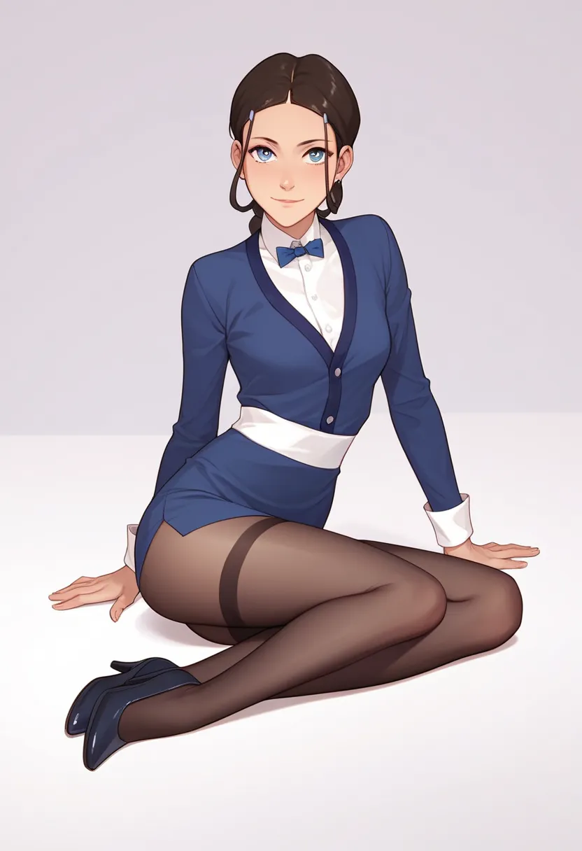 katara, wearing a sexy secretary outfit with black tights, pechos grandes,