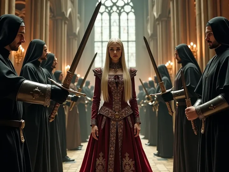 
“A pale young woman with long, perfectly straight blonde hair stands at the center of a grand Gothic cathedral, wearing an opulent, richly ornamented noble dress with intricate embroidery and flowing fabrics. Her expression is calm but tense, as if she se...