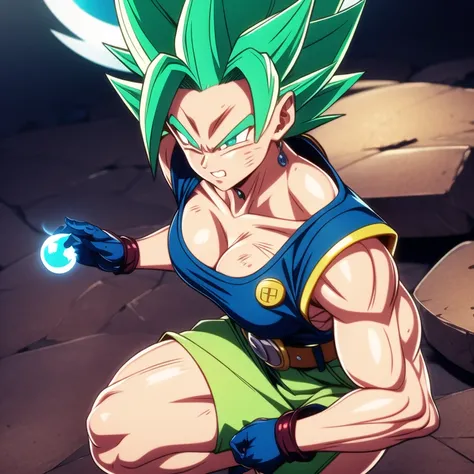 dbsuper style, 
Girl, green aura, super saiyan aura, belt, ocean-green colored hair, huge hair, bruise, bruise on face, clenched hands, frown, Mages hat, gloves, blue eyes, grey gloves, evil grin, medium breasts, huge muscular, solo, spiked hair, super sai...