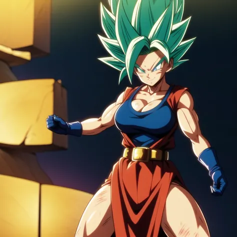 dbsuper style, 
Girl, green aura, super saiyan aura, belt, ocean-green colored hair, huge hair, bruise, bruise on face, clenched hands, frown, Mages hat, gloves, blue eyes, grey gloves, evil grin, medium breasts, huge muscular, solo, spiked hair, super sai...