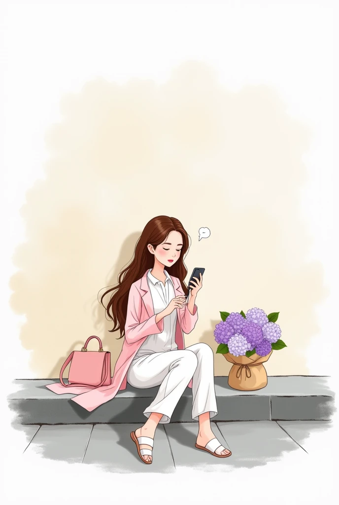 "Create a simple watercolor minimalist illustration in a charming cartoon style with smooth, thin black outlines. Depict a young woman sitting elegantly on a soft gray curb. She has long, flowing brown hair and is dressed in a white blouse with loose white...