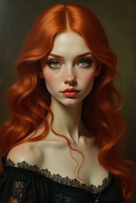 A woman with long hair, wavy and red .,  emerald green eyes ,  definite facial features ,  full lips ,  long eyelashes , Victorian era, detailed portrait, intricate lace dress,  oil on canvas ,  warm color palette , chiaroscuro lighting,  photorealistic , ...