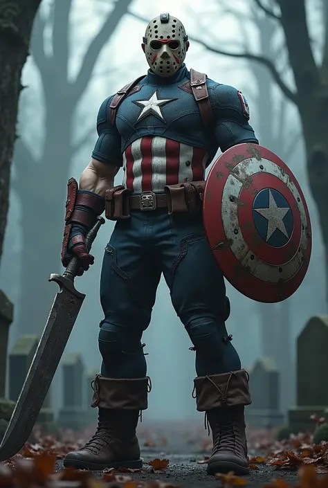 A full-view, highly detailed 3D-rendered illustration of a fusion between Captain America and Jason Voorhees. The character combines Captain America’s iconic muscular physique with a dark, battle-worn version of his star-spangled suit. The suit is torn and...