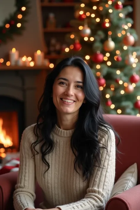 40 year old woman, beautiful, tall, long, wavy black hair, sitting in an armchair smiling, living room with Christmas tree, fireplace next to it, with Christmas effects, happy with gifts around.