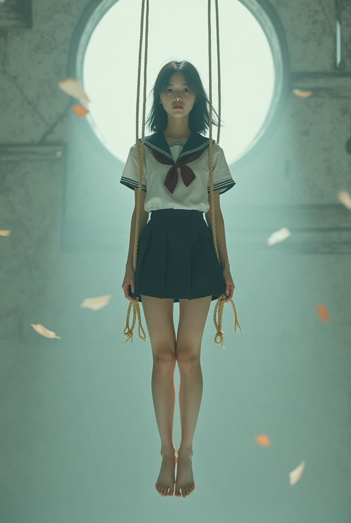  Asian  girl  student.   Young girl student. Naked student. Full body.  Ropes are attached to her legs as well as to her stomach, so that she is floating in the air