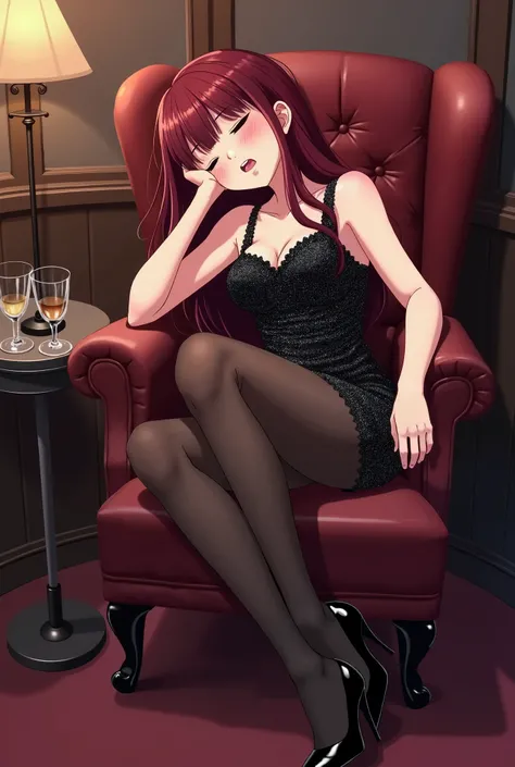 An anime-style illustration of a 30-year-old mature tall female older sister-type character with long dark red-brown hair, wearing a short, sparkly party dress, opaque black pantyhose, and black high-heeled pumps.  The character is seated on a leather chai...