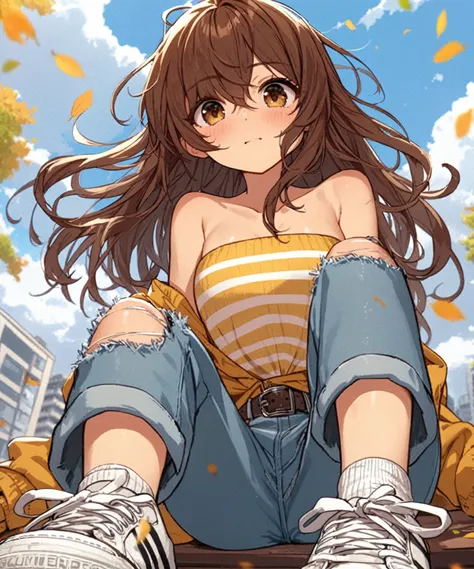 masterpiece, best quality, from below, girl with brown eyes, brown hair, long hair, small breasts, yellow strapless shirt with white stripes, off shoulder yellow jacket, ripped jeans, socks, sneakers, falling leaves, buildings, clouds,