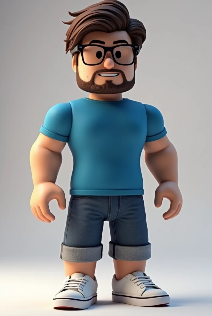 The roblox model has a slight mustache and beard, a medium haircut, a blue T-shirt with short sleeves, cropped shorts, cropped trousers, fabric shoes in white vans, full sleeves, full sleeves, framed reyban glasses and black lents.