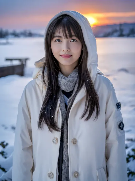 ( close-up portrait of a slender girl 、 wearing winter clothes, a white winter coat, and a gray scarf、 long hair with dark bangs :1.5)、( one girl looking back with a small smile 、Hair fluttering in the wind 。:1.3)、( beautiful snowy sunset :1.5)、(perfect an...