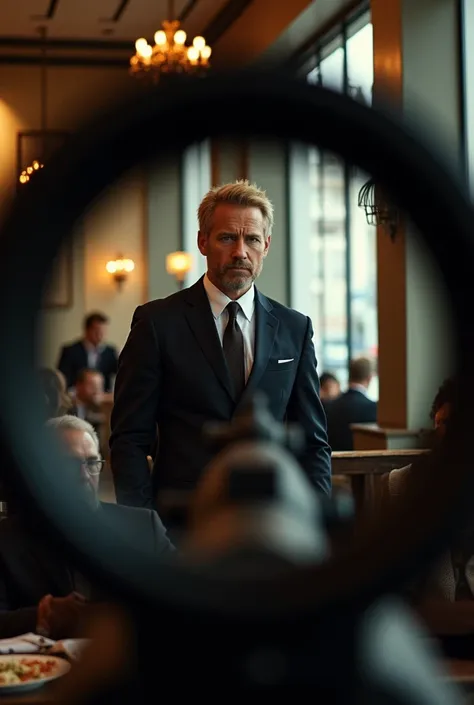 blond man in a suit, paul Walker , Hes being observed from a distance in a building with a rifle.

Seeing through the window of a restaurant  , 