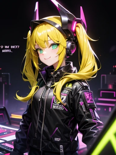 girl,   yellow hair with two long pigtails hairstyle,  neon green eyes ,little smile,black cyberpunk black ,  black cyberpunk DJ costume jacket with neon violet details, black robotic headpiece with violet neon details ,  black gloves  .(( lyrics)).