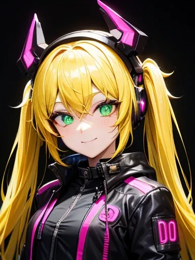 girl,   yellow hair with two long pigtails hairstyle,  neon green eyes ,little smile,black cyberpunk black ,  black cyberpunk DJ costume jacket with neon violet details, black robotic headpiece with violet neon details ,  black gloves  .(( lyrics)).