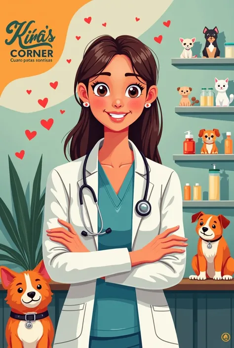 hello,  please make me a banner ,  poster or poster about a veterinarian and sale of products and services for pets;  please include a title called  "KIRAS CORNER ",  please include the phrase "four-legged smiles " Please leave it in Spanish