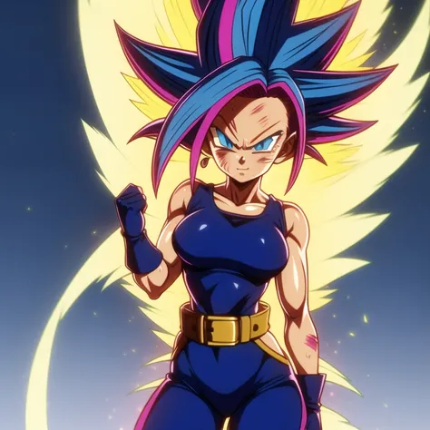 dbsuper style, 
Petite Girl, green aura, super saiyan aura, belt, purple colored hair, huge hair, bruise, bruise on face, clenched hands, frown, Mages hat, gloves, blue eyes, grey gloves, evil grin, medium breasts, petite, soft muscles, solo, spiked hair, ...