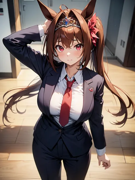 (​masterpiece, top-quality, hight resolution, Unity 8k, extremely details CG:1, Best Picture), Daiwa Scarlet (Uma Musume), (((tiara, brown hair))), red eyes, long hair, twintails, (horse ears, horse girl), Create an image of a person wearing a slightly dis...