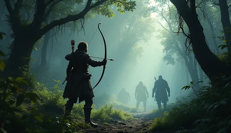  An RPG-style hunter ,  with rustic garments and leather details ,  wields his bow with an arrow ready to be shot ,  standing amidst a dense and mystical forest .  The hunter is attentive ,  carefully observing the surrounding vegetation ,  knowing that mo...