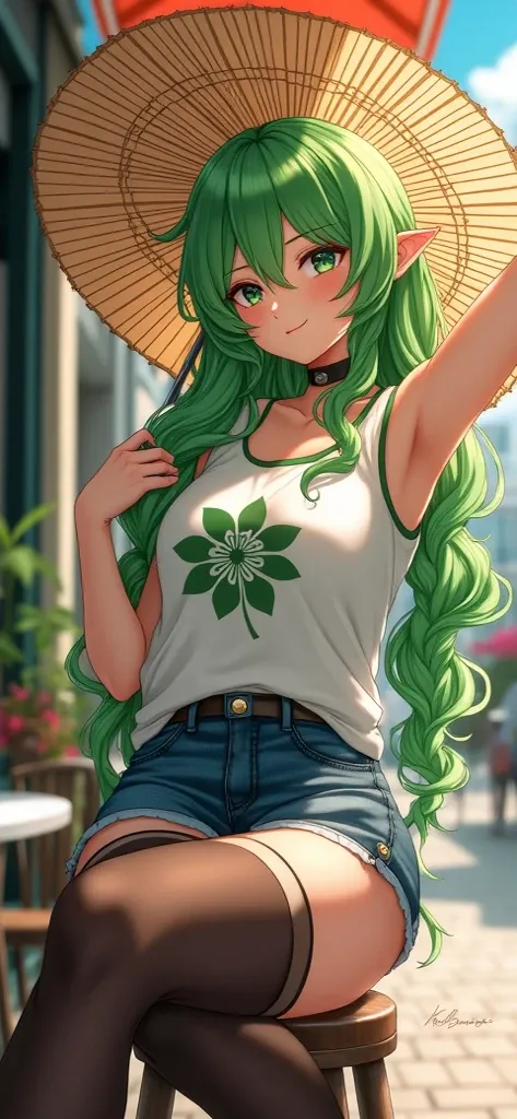 Masterpiece, Best Quality, Super Detail, Focalors (Genshin Impact), (Green Hair), Very Long Curly Hair, Braid, Woven Umbrella, Black Eyes
(Wearing White Shirt with Green Flower: 1.2), Sitting on a Chair Outside a Cafe, Embracing Natural Beauty, Sunlight, B...