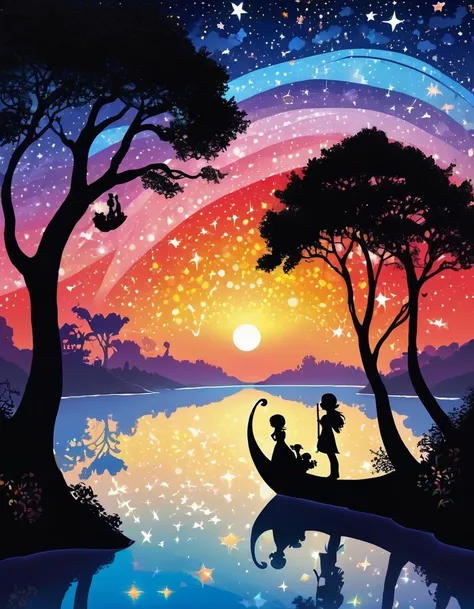 Shadow art, silhouette art, everything except the shadows is colored with colored cellophane, beautiful rainbow bridge, shadows of prince and princess facing each other, bright starry sky, angels ladder, fairy tale land, never-never land, starry sky reflec...