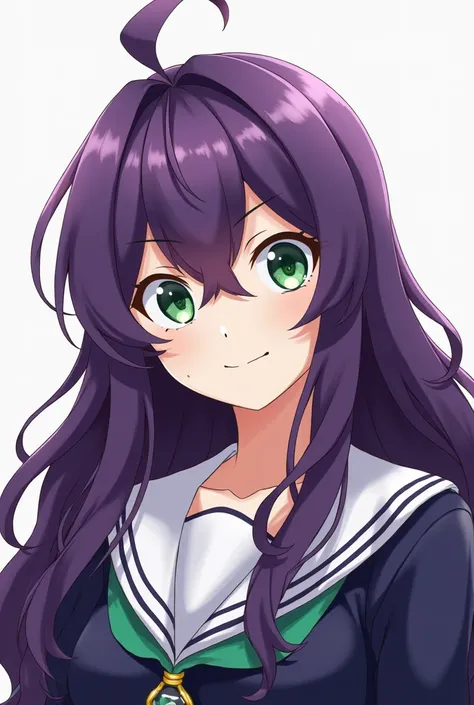 long hair, mole under eye, purple hair, wavy hair, hair between eyes, emerald eyes, smirk, ahoge, 1girl, cowboy shot, masterpiece, best quality, highres, 1girl, karasuno school uniform