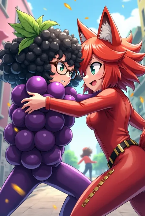 Two girls fighting they are white one is dressed as purple grapes with curly black hair wearing glasses and the other girl is dressed as a red fox in an anime version 