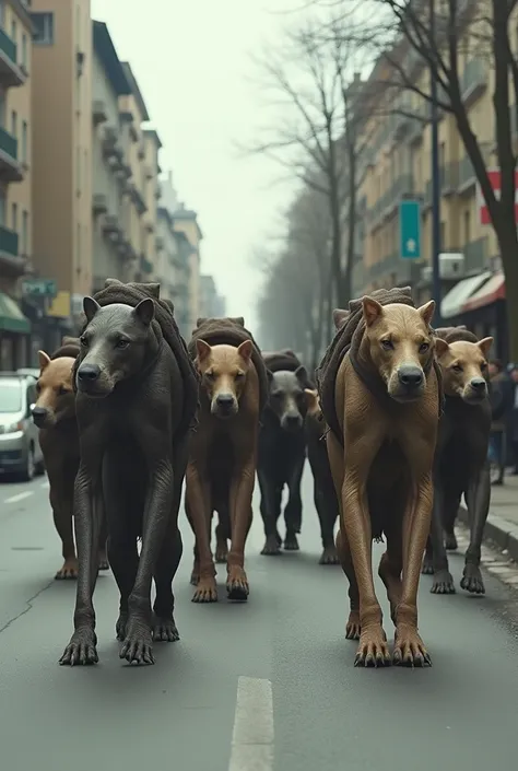  a group of humans walking with their feet and arms ,  quadruped down the normal street they are dressed normally, But they walk with their 4 limbs 