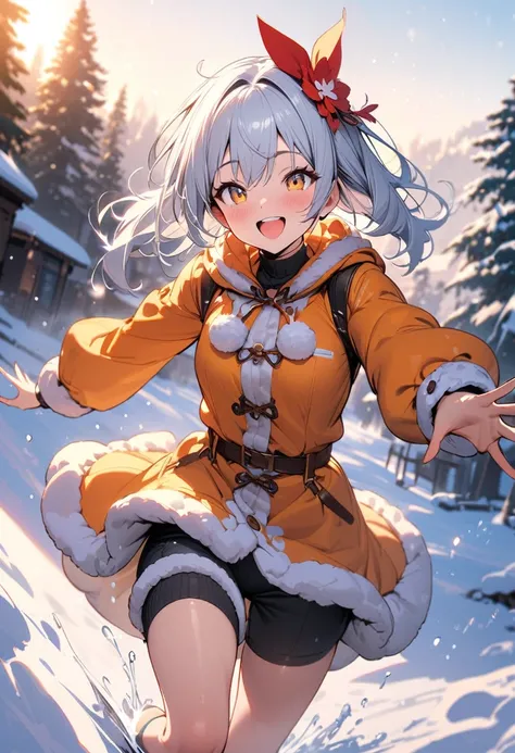 (masterpiece, best quality),
A bright and lively,
a cheerful girl,happily splashing around in the snow, 