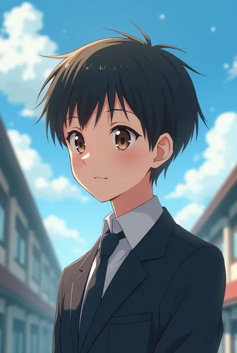 anime boy,  black hair ,  brown eyes , high, delgado, tender,  school uniform 