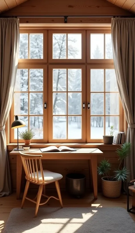 Winter,janelas**: Install large windows to maximize natural light. Use curtains or blinds in neutral, natural tones, like beige or light gray, to control brightness and ensure privacy.
- **natural lighting**: Position your desk near windows to make the mos...