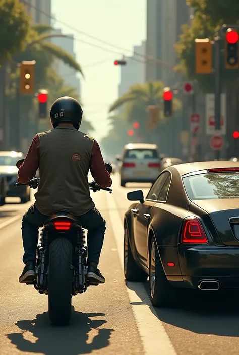 (photorealism:1.2),  A shabbily dressed motorcycle rider not wearing a helmet is stopping at a red light, next to her is a fancy car , in hot weather ,  the sun shines brightly ,  in the background at a crossroads with many vehicles and stops