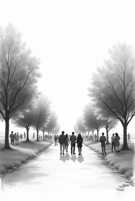 PERSPECTIVE OF TOURS IN A PARK WITH BLACK AND WHITE PENCIL TREES WITHOUT SHADOWS THAT IS A SIMPLE DRAWING