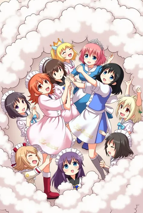 An anime-style comic depicting many maids and many girls and 1princess and 1lady playfully wrestling with each other inside a comical fight cloud(fairytale cloud).
each girl and maid has different  colored hair: one princess with blonde braided and blue-ey...