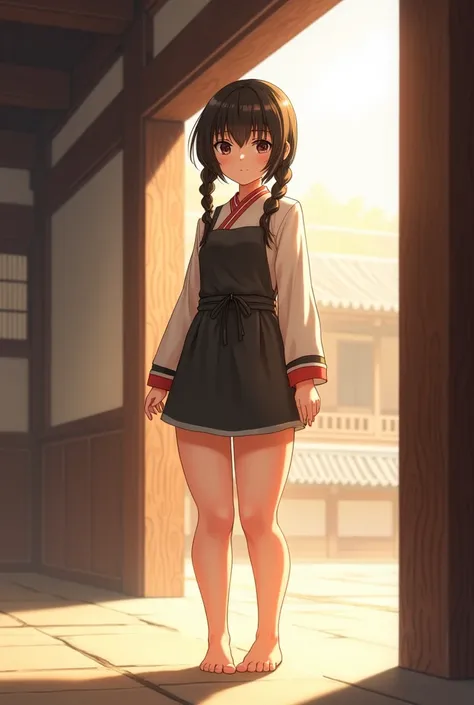 1 girl,legs, A girl in the building ,(((building))),  Braids Braiddas,Braid,(Alone:1.2),apron, thick thighs ,panties to tie on one side,  black hair , , looking at the spectator , Sunlight,Hanfu, 