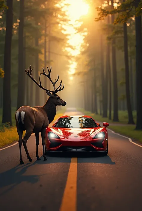 "Create a realistic scene where a sleek red sports car and a deer are facing each other on a quiet forest road. The car is polished and vibrant, with its headlights illuminating the deer, which stands calmly in the middle of the road. The deer’s fur is det...