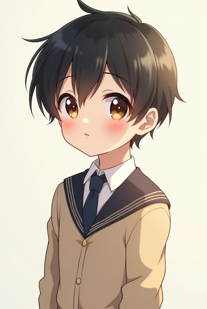 anime boy,  black hair ,  brown eyes , high, delgado, Little cute ,  school uniform