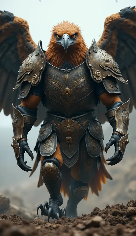 create ultra realistic image prompt of a strong muscular warrior eagle in war armor with an evil face walking forward
